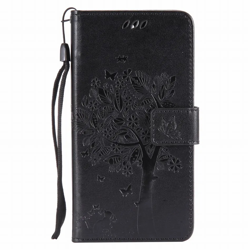 Black Coque слот для карт кожаные чехлы для телефонов Xiaomi 5 6 5X Mix 2 Redmi 3 3S Note3 Note 4X Mi5 Mi6 дерево кошка тисненый узор с бабочками P06H - Цвет: Black
