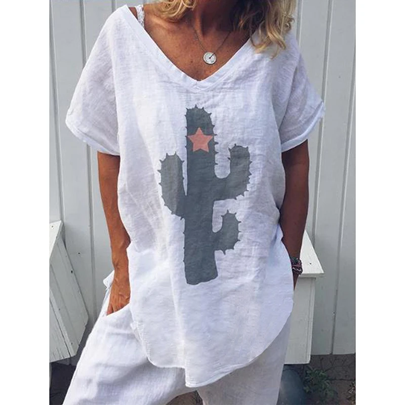 Summer Hot Popular Womens Casual Plant Printing Cotton Linen V Neck Blouse Ladies Baggy Short Sleeve Tops 2019 | Женская одежда