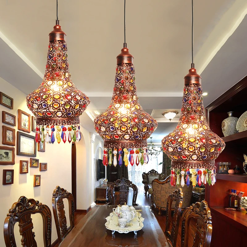 Classic Bohemia Style Restro Pendant Light Iron Carving Lampshade K9 Colors Crystal Decoration 3*E27 LED Bulbs Round Lampbase | Лампы и