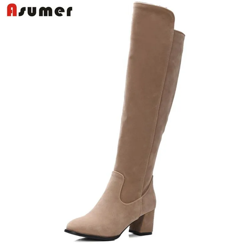 Женские сапоги из нубука Asumer однотонные высокие до колена флока большие размеры