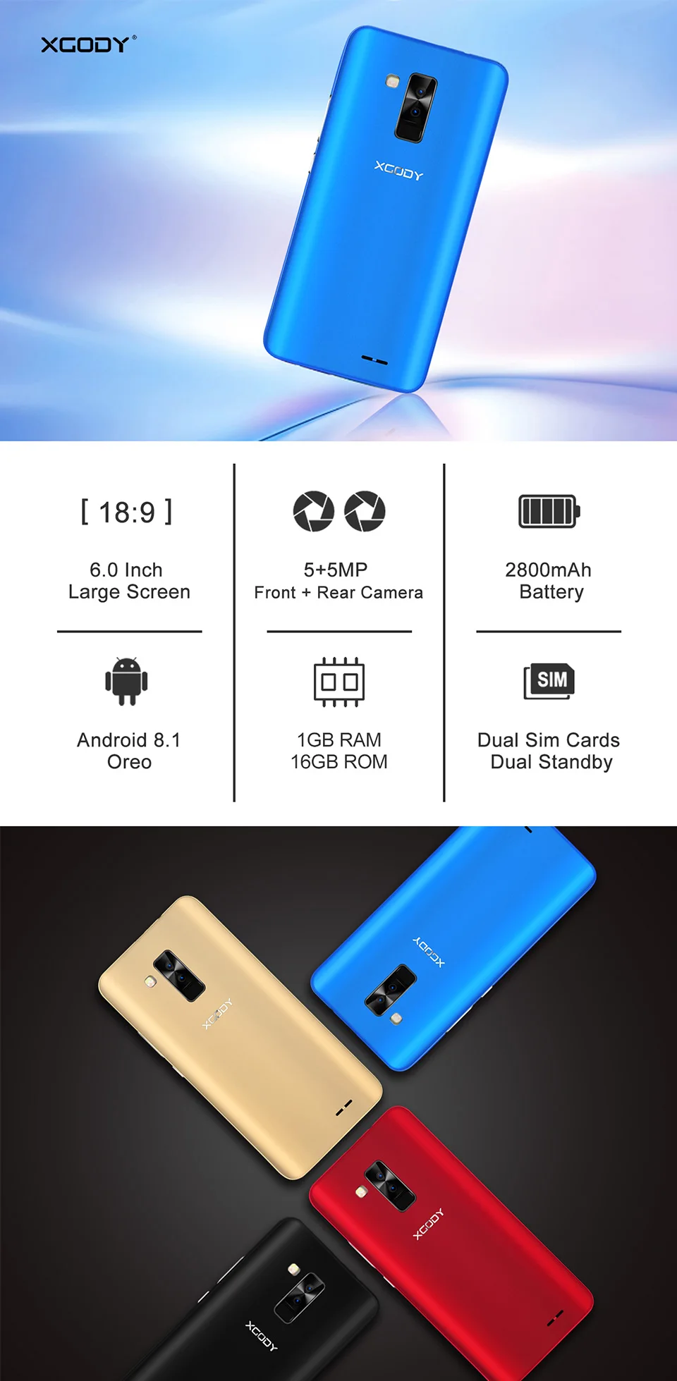XGODY Y26 3g разблокировка смартфон 6 дюймов 18:9 Android 8,1 мобильный телефон с двумя sim-картами MTK6580 четырехъядерный 1G+ 16GB Face ID 2800mAh мобильный телефон