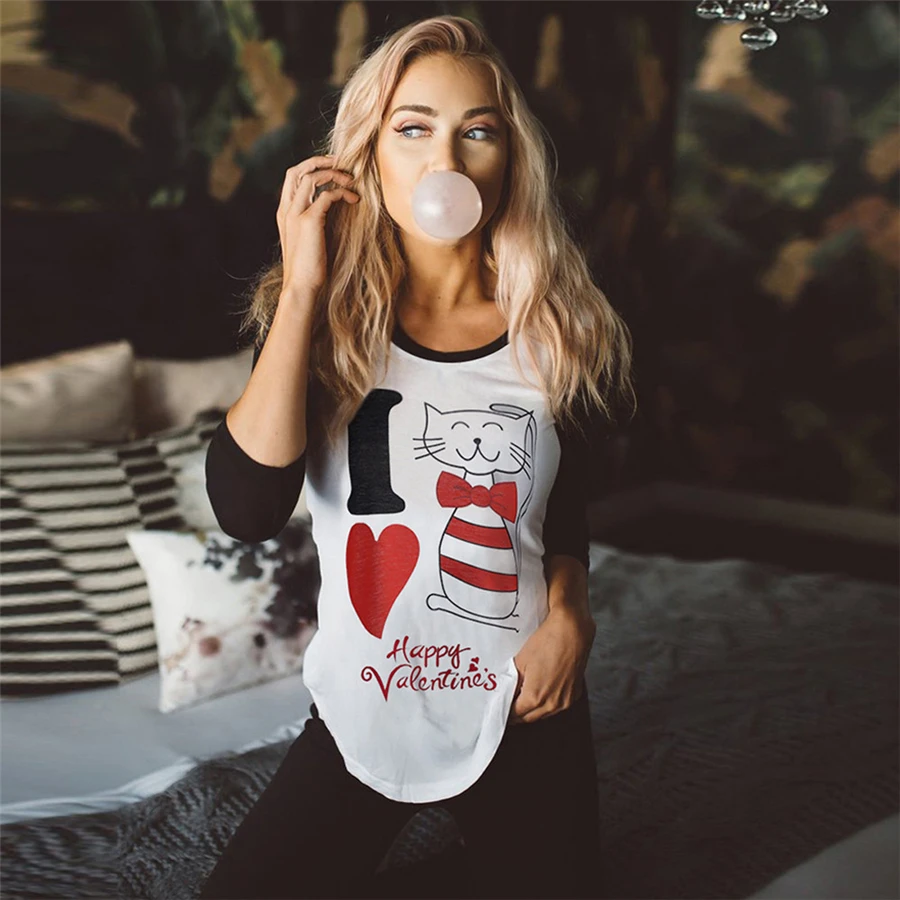 

Women Blouse Valentine's Day Casual Cat Blouse Long Sleeve Red Heart Sweatshirt Pullover For Spring Autumn Tops O-Neck