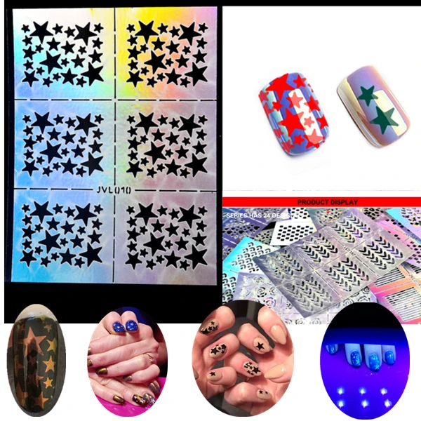 

10 Sheets/set Nail Art Vinyls Hollow Laser Transfer Foil Sticker Stencil Gel Polish Tips 3D Image DIY Guide Templa