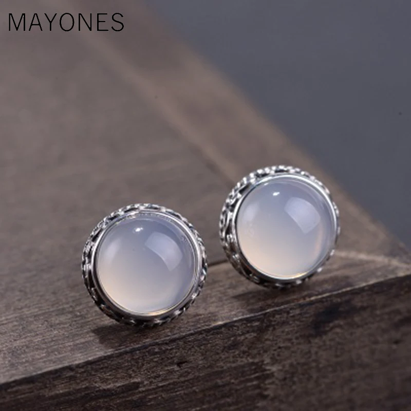 MAYONES 925 пробы серебряные серьги-гвоздики с натуральным камнем из белого халцедона