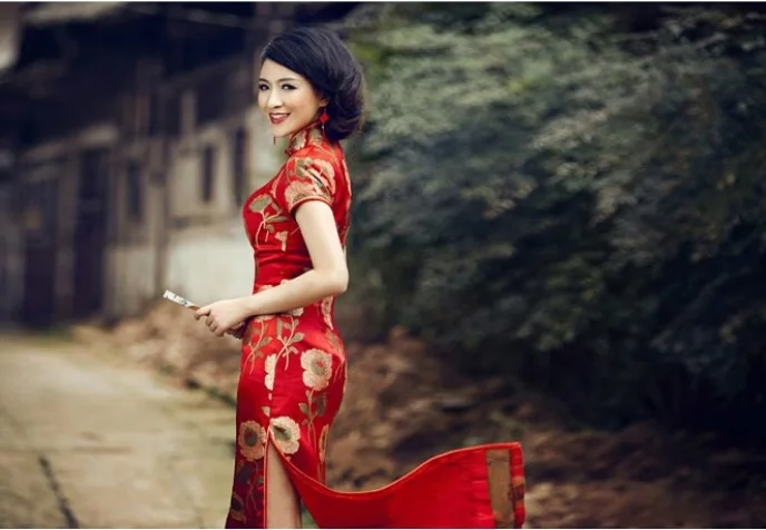 Сексуальная разрез cheongsam qipao пион птица печатных Шелковый бордовый атлас Винтаж