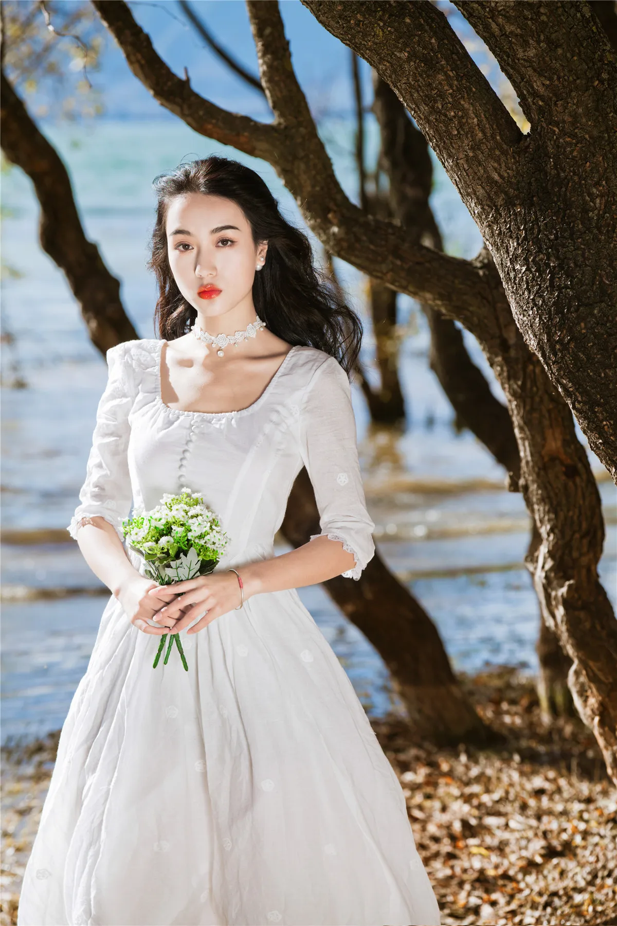 Лето Осень женское платье с Цветочной Вышивкой Кружевной Белый пляжное длинное