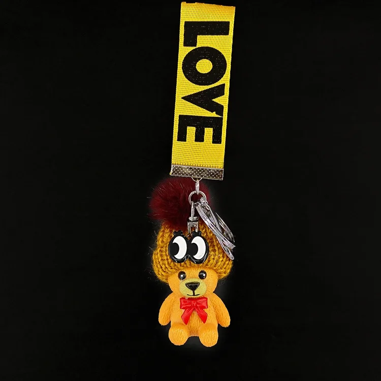 The bear -yellow New cute resin acrylic animal bear, puppy, rabbit, color ribbon with bell cute temperament key ring pendant bag car pendant - Цвет: The bear -yellow