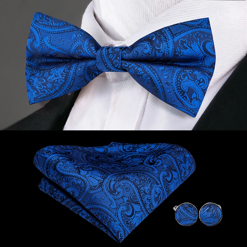 

Hi-Tie Blue Bow Ties for Men 100% Silk Butterfly Pre-Tied Bow Tie Pocket Square Cufflinks Set Wedding Party Plaid Paisley Bowtie