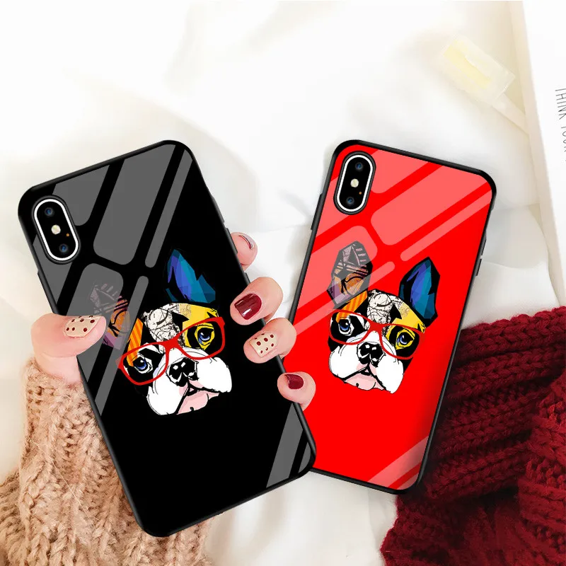 Чехол для телефона с мультяшным французским бульдогом для iPhone 7 X XS MAX XR 8 6 6s Plus, жесткая задняя крышка из закаленного стекла с принтом собаки