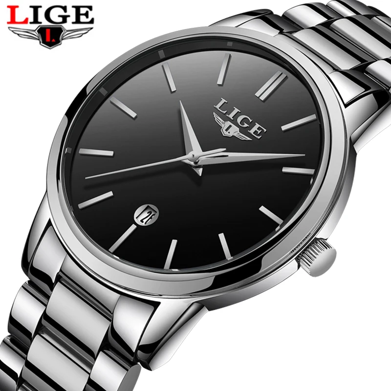 LIGE бизнес часы для мужчин полностью из нержавеющей стали аналоговые кварцевые