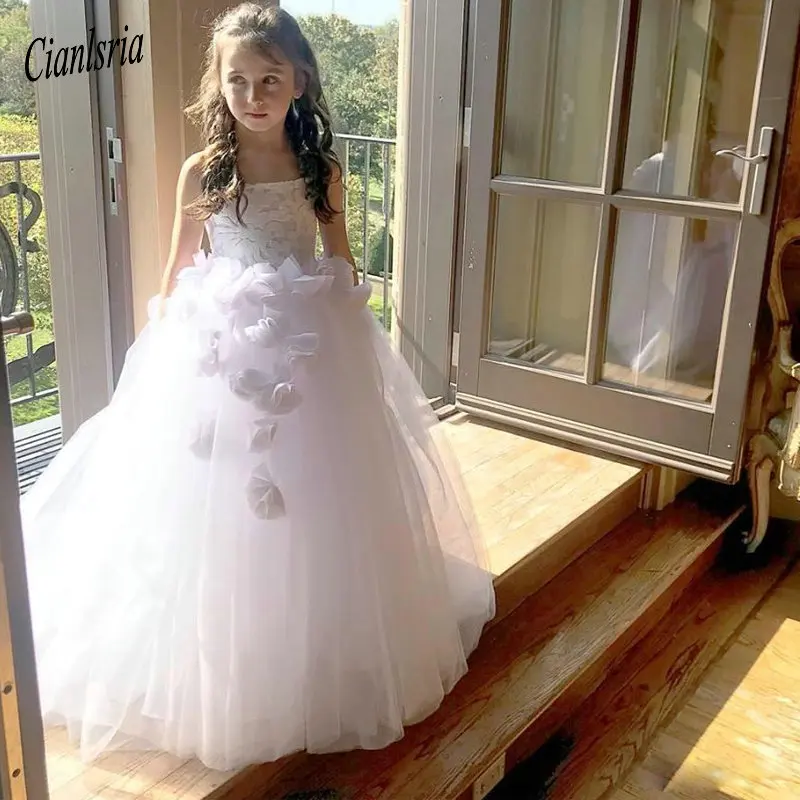 

Vintage White Spaghetti Straps Ball Gown Flower Girls Dresses Layer Tulle Skirt Toddler Communion Dress Puffy Kid Prom Gowns