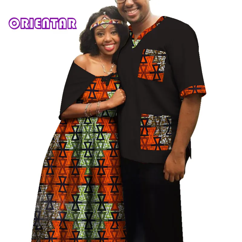 Traditional African Clothes for Couples Men Women African Print Long Dress Tops T Shirt Casual Ball Gown Lover Clothing WYQ181
