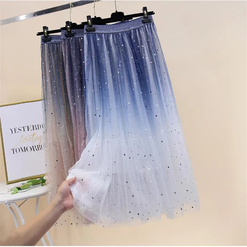 Плиссированная летняя юбка женская новая длинная с высокой талией блестками и