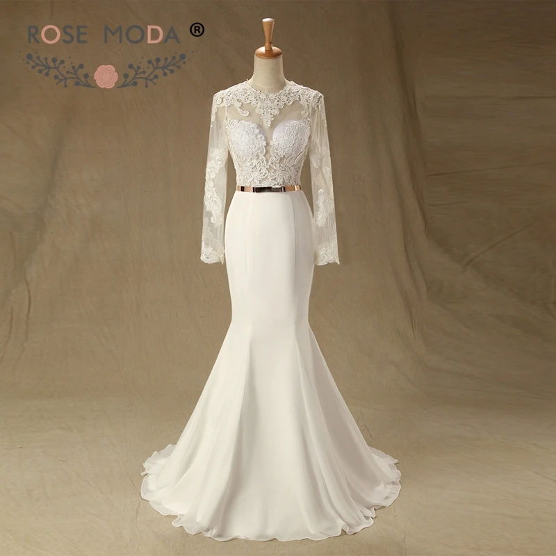 Rose Moda Lace Mermaid Wedding Dress 2019 Long Sleeves Backless Dresses Boho with Gold Belt Real Photos | Свадьбы и торжества