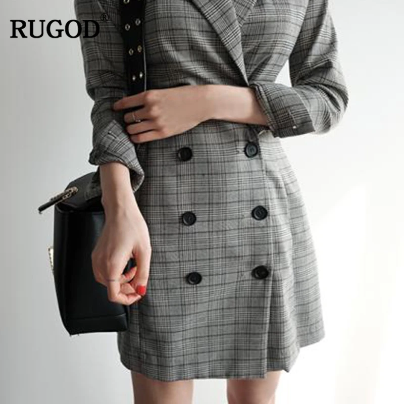 RUGOD Корейский пиджак Платье Офисные женские платья с запахом Мини плед