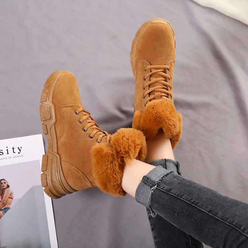 Women Boots Fashion Winter Breathable Flock Leather Flats Platform Martin Warm Fur Ankle | Обувь