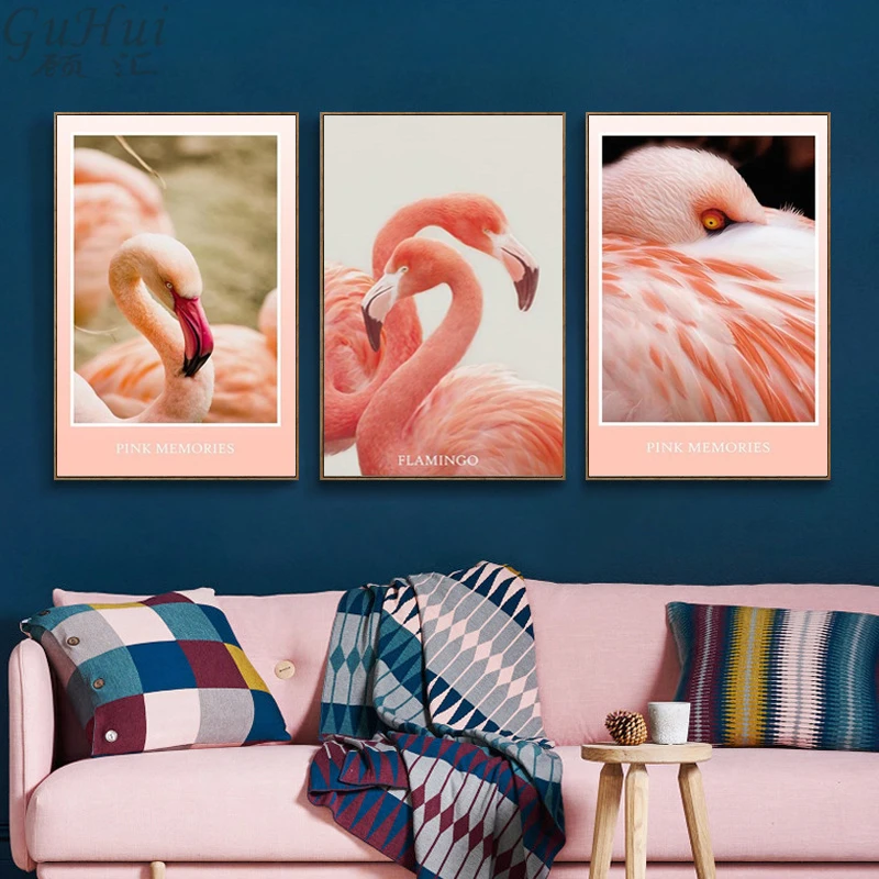 Картина на холсте в скандинавском стиле постер с изображением фламинго животных