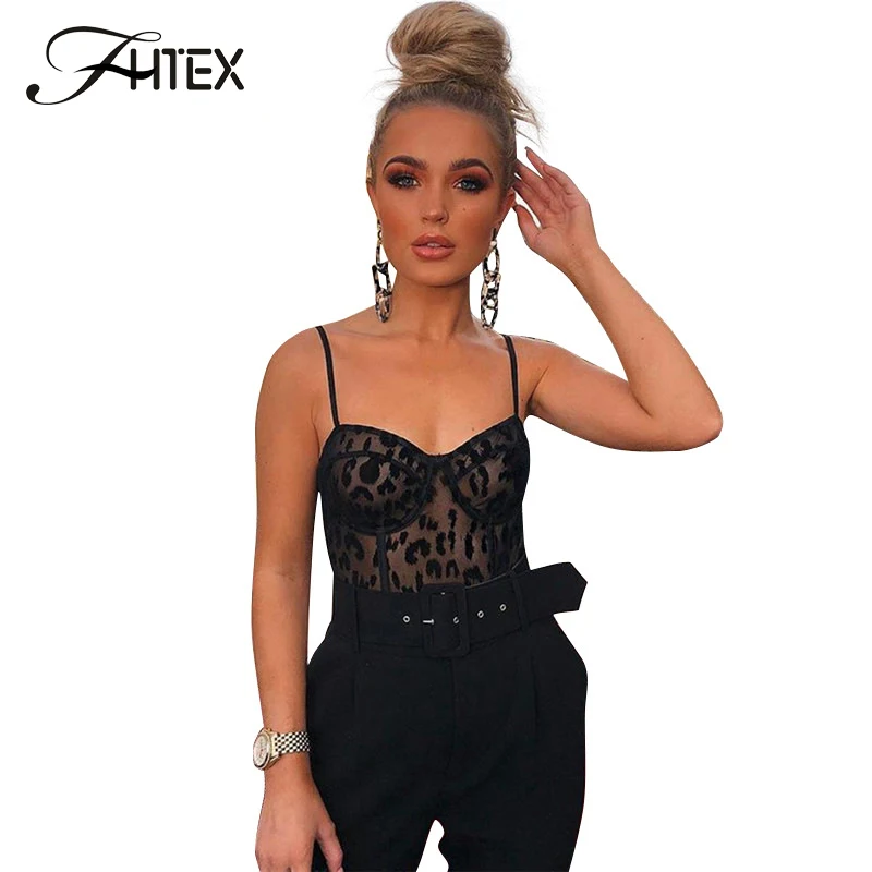 Женский узкий комбинезон FHTEX черный сетчатый прозрачный без рукавов с