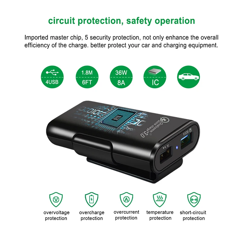 Автомобильное зарядное устройство адаптер 4 USB быстрая зарядка прикуриватель адаптер с кабелем 1,8 м зарядка для мобильного телефона gps iPad планшета