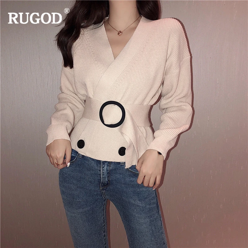 Женский кардиган с v-образным вырезом RUGOD однотонный Повседневный вязаный свитер