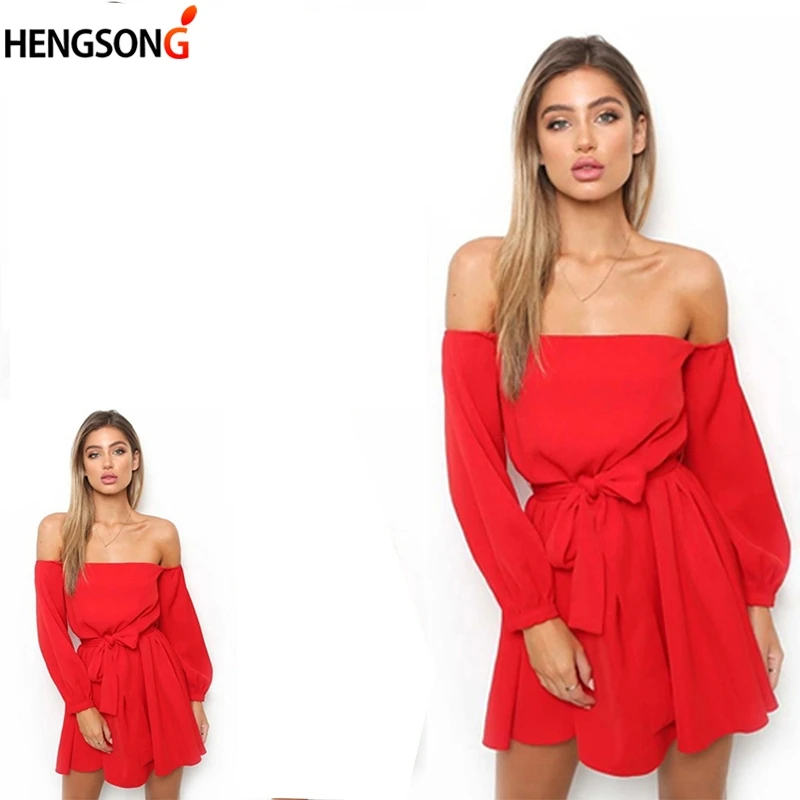 Hengsong 2018 сексуальное женское осеннее платье с открытыми плечами одноцветное