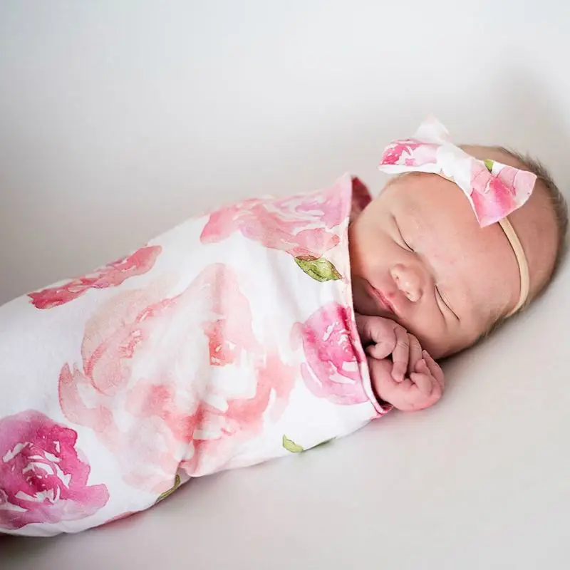 

Newborn Photography Prop Baby Blankets Printed Newborn Infant Baby Boys Girls Sleeping Swaddle Muslin Wrap +Headband 2PCS