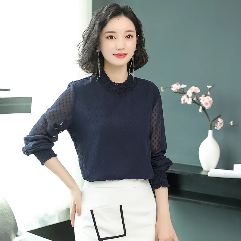 Модные блузки женские шифоновые 2018 с длинным рукавом женская одежда OL блузка