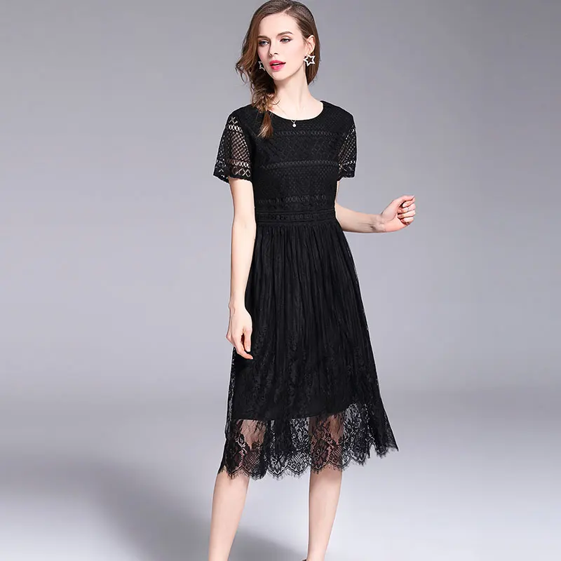 Женское летнее черное кружевное платье размера плюс, женская одежда, Vestido Mujer Verano, короткие рукава, круглый вырез, миди, вечерние платья K8801