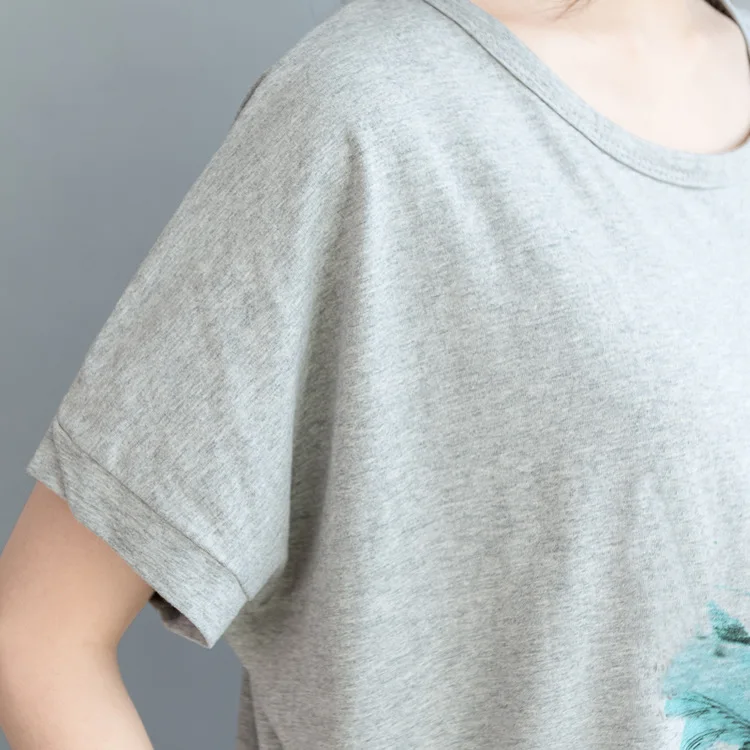 

Johnature 2021 Spring Summer Fashion Loose Bottom Long Catoon Shirt Large Size Women o-neck Appliques short-sleeve t-shirt
