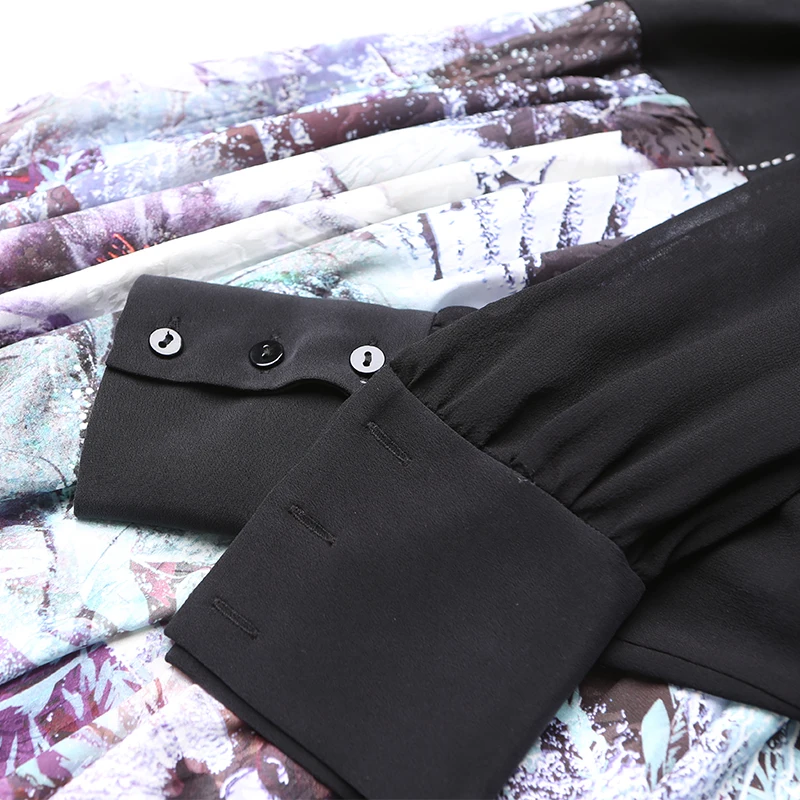 VOA женское шелковое черное Цветочное платье средней длины в стиле пэчворк A7379|dresses