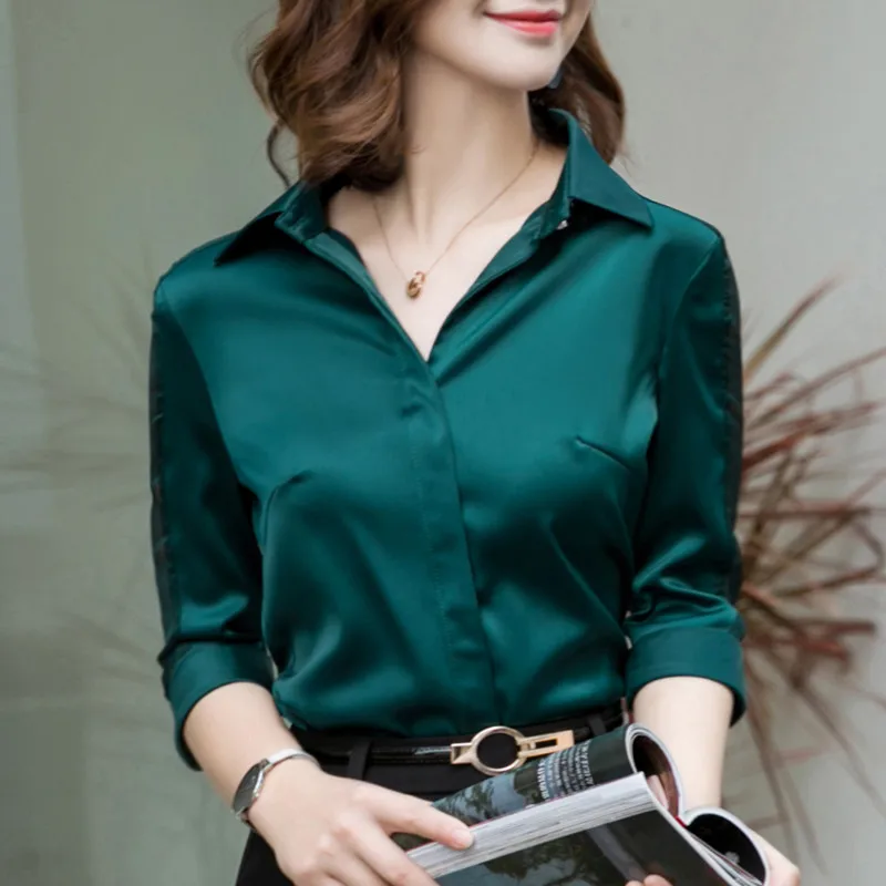 Green Fashion women Satin shirt Summer new half sleeve casual loose blouses office ladies plus size work wear tops - Цвет: Green