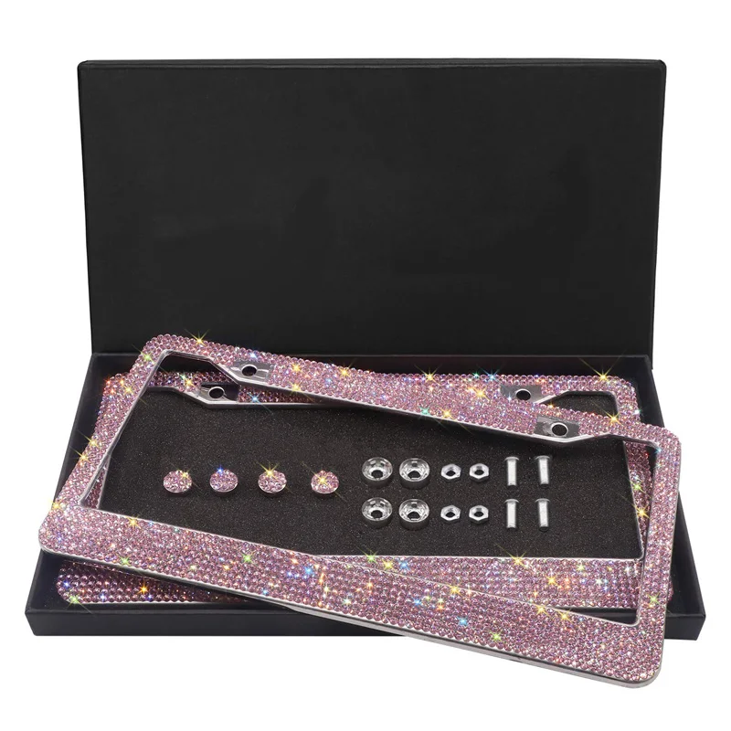 Classic Black Bling Rhinestone Premium Crystal Car License Plate Frame 2 Pack with Gift Box For USA Canada Truck Women Girls