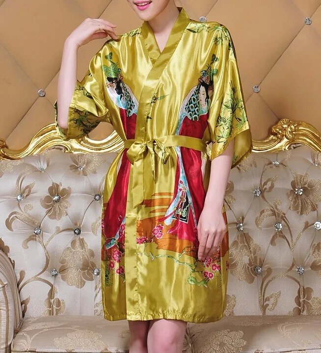 

New Arrival Fashion Gold Chinese Women's Silk Rayon Robe Kimono Bath Gown Nightgown One Size Flower Free Shipping