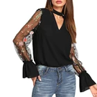 Шифоновая Блузка с прозрачным соединением, с v-образным вырезом, цветочной вышивкой, топы с длинным Расклешенным рукавом, рубашка 2018 OL Style с v-образным вырезом