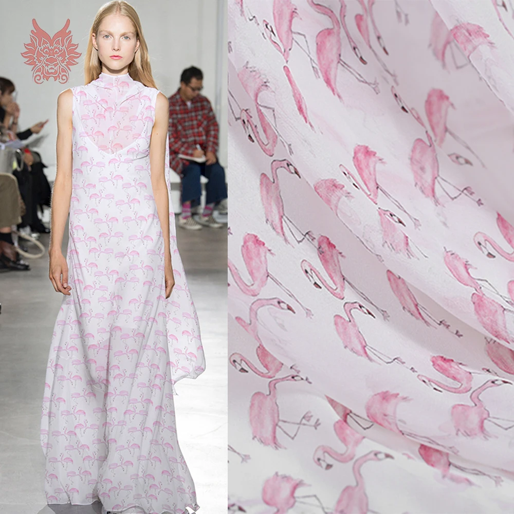 Праздничный Стиль Розовый Фламинго печати 100% натуральная ткань креп жоржет