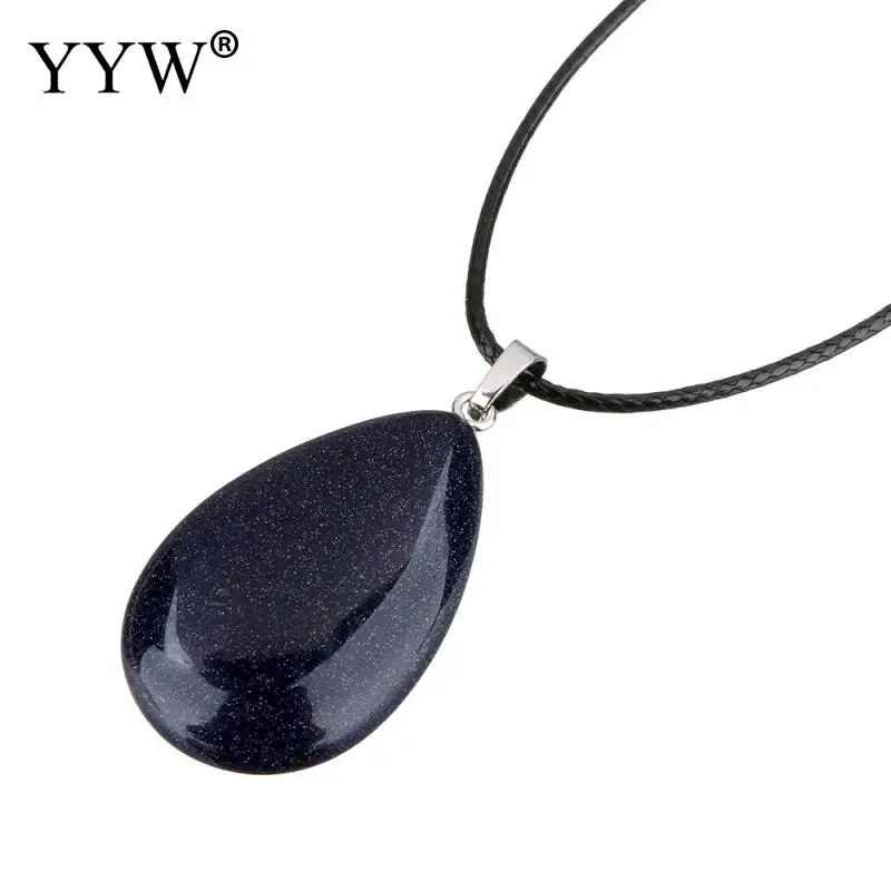 blue goldstone Лидер продаж YYW женский натуральный драгоценный камень КАПЛЕВИДНАЯ кожа веревочное ожерелье-чокер Малахит кварц опал розовый камень кулон ожерелье s - Окраска металла: blue goldstone