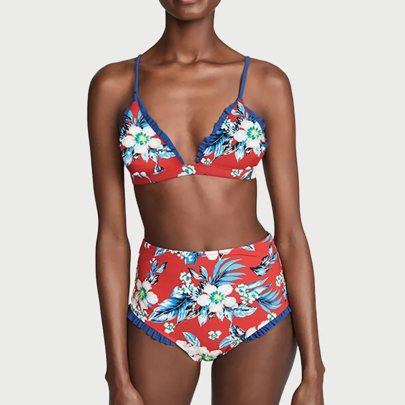 floral bikini Ретро Цветочный пикантный женский купальник бандо Бохо купальный костюм женский бикини пуш-ап бикини с высокой талией купальники - Цвет: floral bikini