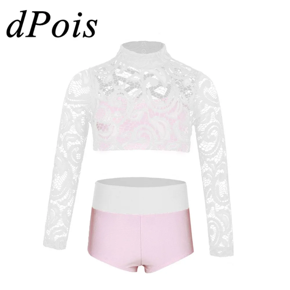 

Kids Girls Ballet Dance Costume Modern Jazz Hiphop Pole Clothing Ballerina Lyrical Dance Wear Long Sleeves Crop Top and Briefs