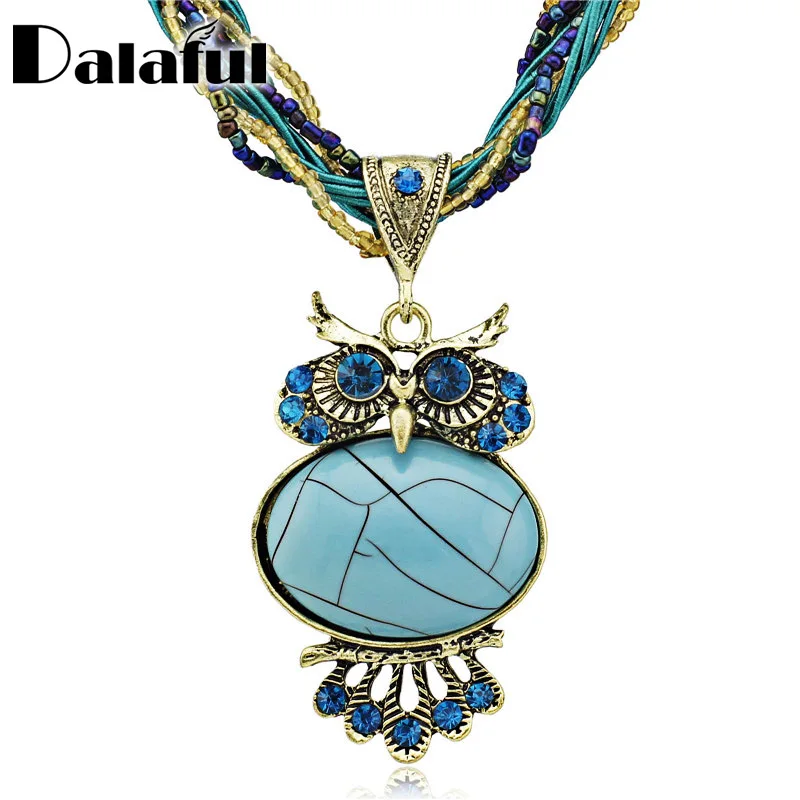 Bohemia Stunning Crystal Owl Chunky Gem Bronze Rope Chain Pendant Clavicle Glass Beads Necklace Free Shipping B040 | Украшения и