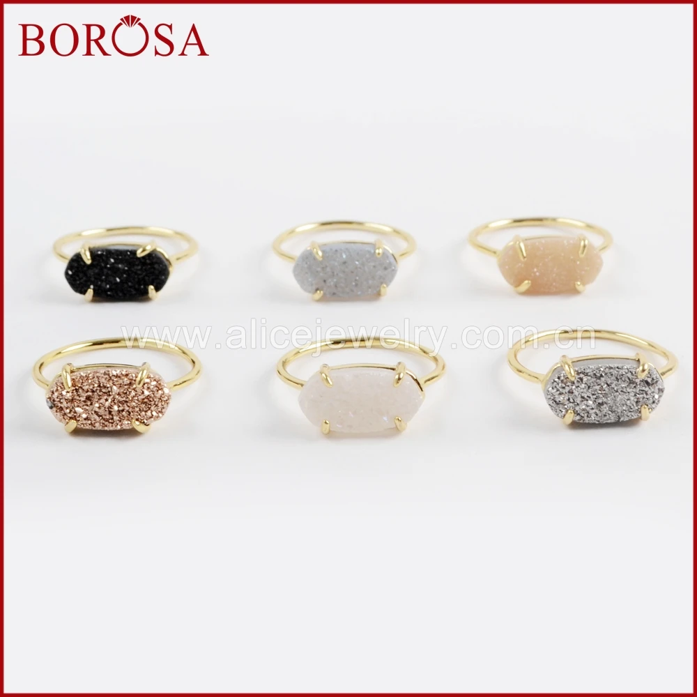 BOROSA 5 шт золотистого цвета Коготь шестиугольник Радужное титановое Druzy кольцо Agates