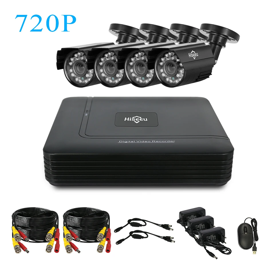 Черный Hiseeu CCTV 8CH камера безопасности комплект 4 шт 720P 1080P AHD Водонепроницаемая уличная камера наружная 2MP комплект видеонаблюдения для дома - Цвет: Черный