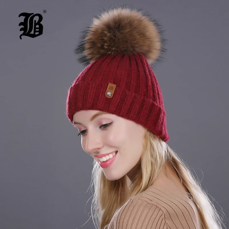 

[FLB] Winter Hat For Women Girls Knitted Wool Beanies Cap Natural Raccoon Mink Fur Pom Poms Hat Female Bonnet Femme Skullies