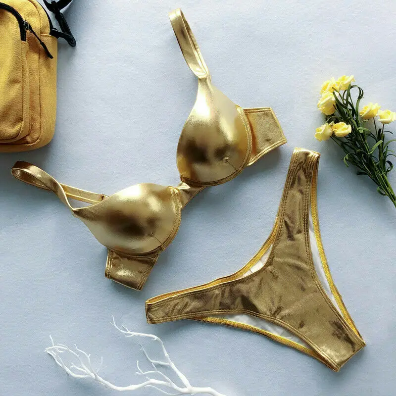 

Hot 2019 Women Swimwear Bikini PU Leather Two Piece Push-Up Shiny Bra Bandeau Beachwear Bathing Suits Tankini Summer Swimsuit