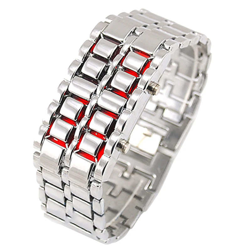 sliver red Модные черные полностью металлические цифровые наручные часы Lava, металлический красный светодиодный ремешок для мужчин, спортивные простые часы для мальчиков - Цвет: sliver red