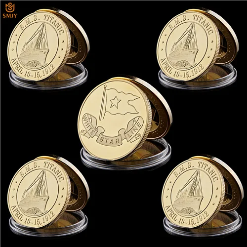 SMJY-1-232-Gold-5P 5 шт. 1912 Титаник потерпец юбилей напоминание о R.M.S белая звезда линия посеребренный металл памятные монеты - Цвет: SMJY-1-232-Gold-5P