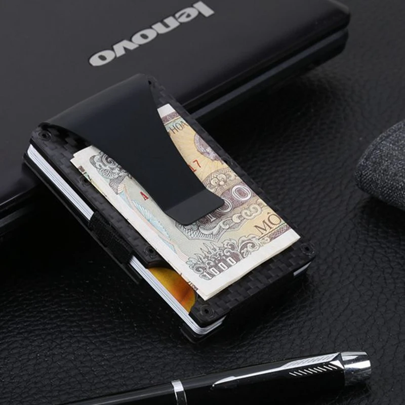 Мини тонкий кошелек из углеродного волокна RFID с металлическим зажимом для