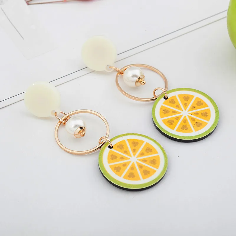 2018 summer style cute lovely fruit orange long drop earring exaggerated acrylic gold color big round lemon accessories | Украшения и