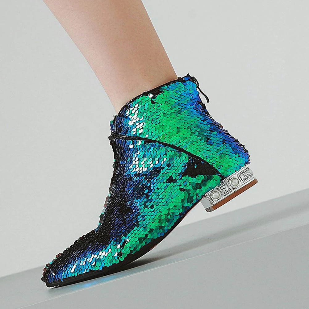 

Dilalula New Arrival Women Ankle Boots 32-43 Pointed Toe Low Heels Chelsea Sequined Cover Autumn Winter Boots Shoes Woman