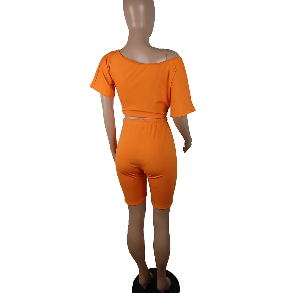 

Solid Off the Shoulder 2 Piece Set Tracksuits Women Plus size Short Sleeve T Shirt Top and Skinny Shorts Casual Outfits Suits
