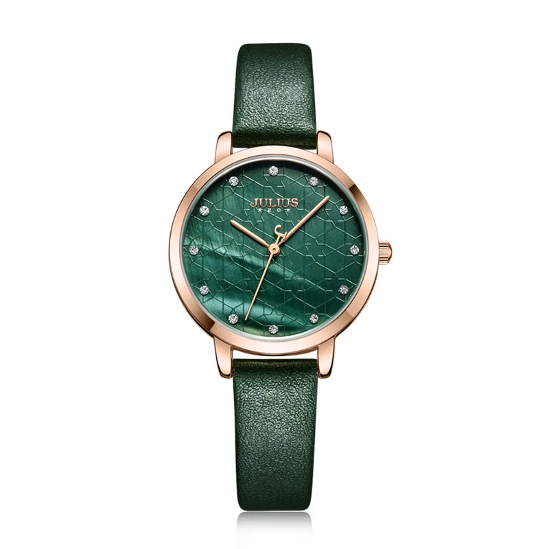 Julius Watch Green Women Leather Fashion Stylish Quartz Wristwatch Rosegold Stainless Steel Back case JA-1178